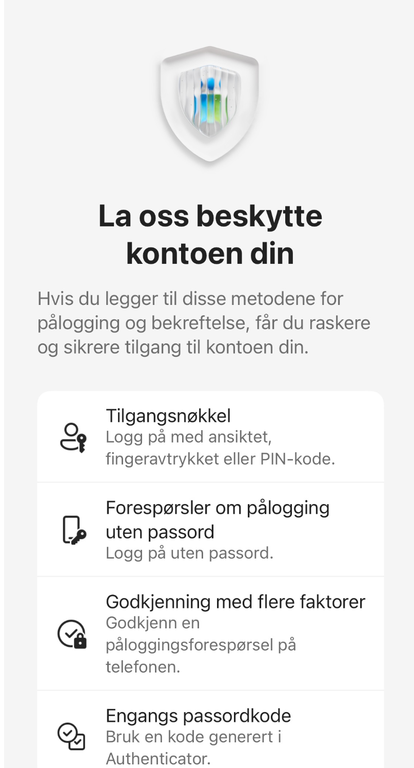 I Microsoft Authenticator så settes det opp en tilgangsnøkkel for å logge på med KirkeID