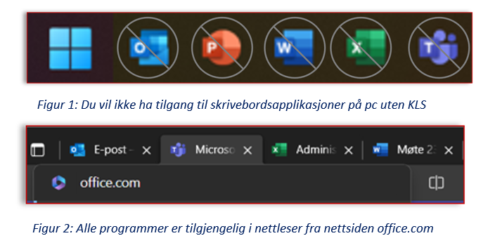 Bildene viser at du ikke kan bruke skrivebordapplikasjoner som Outlook, Word, Teams og PowerPoint, men at du har tilgang til alle disse programmene fra nettsiden office.com, 